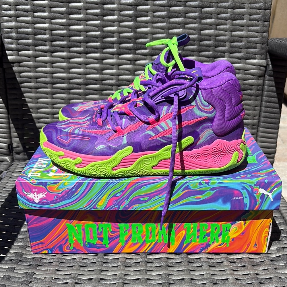 Puma Melo Purple and Green Basketball Shoes